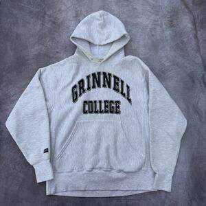 Vintage 90's Grinnell College Gray Weave Hoodie Pullover Sweatshirt Sz Large VTG